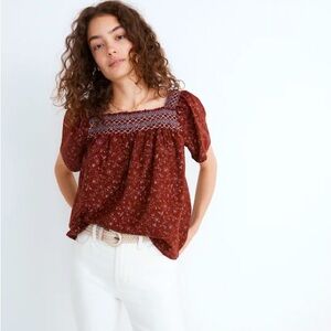 Madewell Square-Neck Smocked Top in Dotted Vines